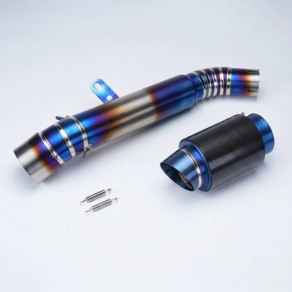 An automotive exhaust system set on a light gray background, featuring a titanium exhaust pipe with a blue and purple heat-tinted finish, a matching carbon-fiber-textured muffler with a metallic blue top, two small metal screws, and an NLKFAHM brand logo in the top-left corner.