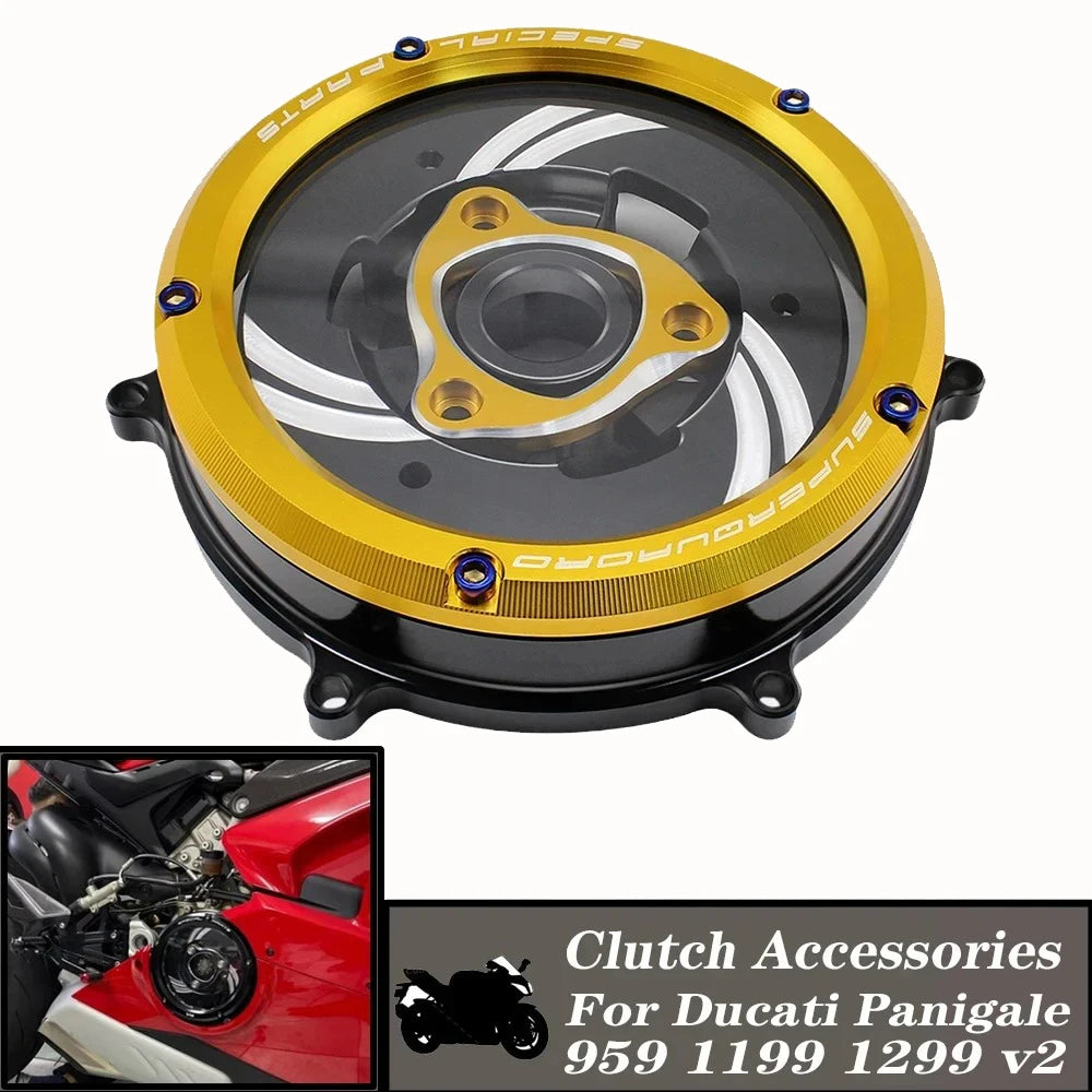 Tapa de Embrague Transparente Racing CNC para Ducati Panigale 959 / 1199 / 1299 / V2 (2012-2024)
