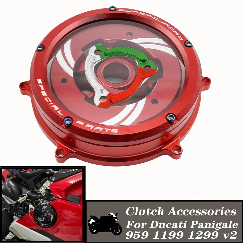 Tapa de Embrague Transparente Racing CNC para Ducati Panigale 959 / 1199 / 1299 / V2 (2012-2024)