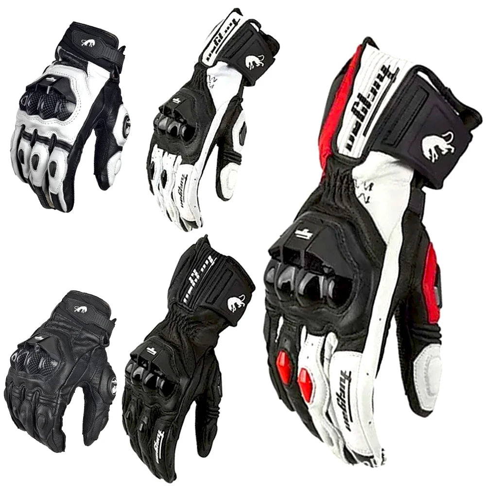 Guantes de Moto de Cuero Racing – Negro/Blanco/Rojo, Verano e Invierno