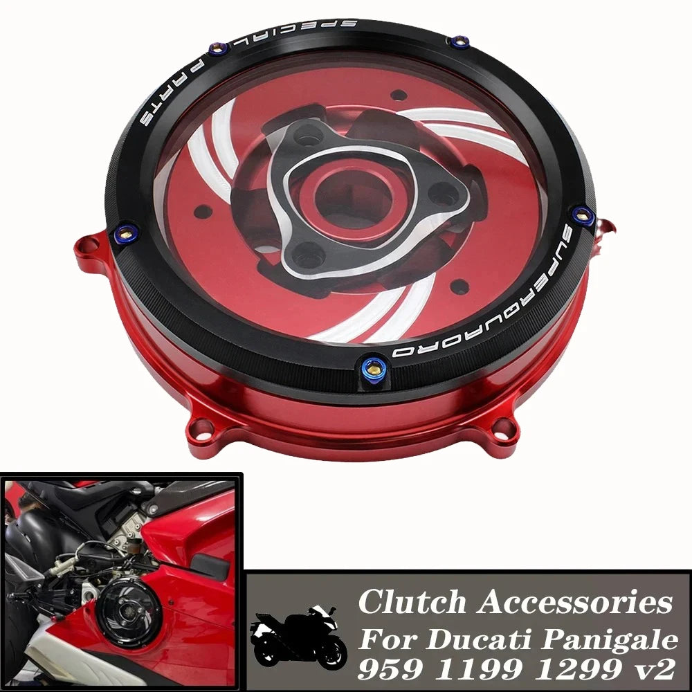 Tapa de Embrague Transparente Racing CNC para Ducati Panigale 959 / 1199 / 1299 / V2 (2012-2024)