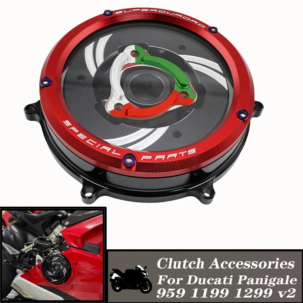 Tapa de Embrague Transparente Racing CNC para Ducati Panigale 959 / 1199 / 1299 / V2 (2012-2024)