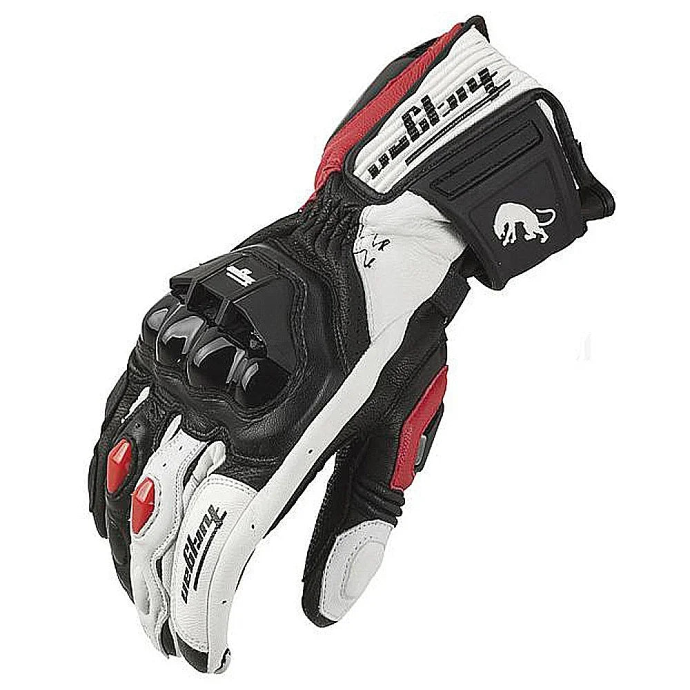 Guantes de Moto de Cuero Racing – Negro/Blanco/Rojo, Verano e Invierno