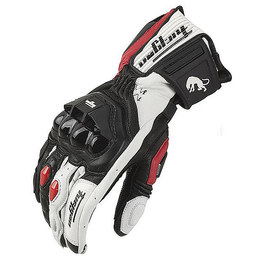 Guantes de Moto de Cuero Racing – Negro/Blanco/Rojo, Verano e Invierno