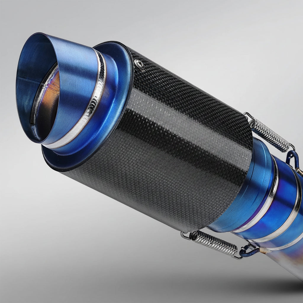 A close-up of an automotive exhaust tip with a carbon fiber pattern body, metallic blue anodized sections, and silver spring clamps. The brand name 'nLkhanm' is visible on the product and in the top-left corner logo.