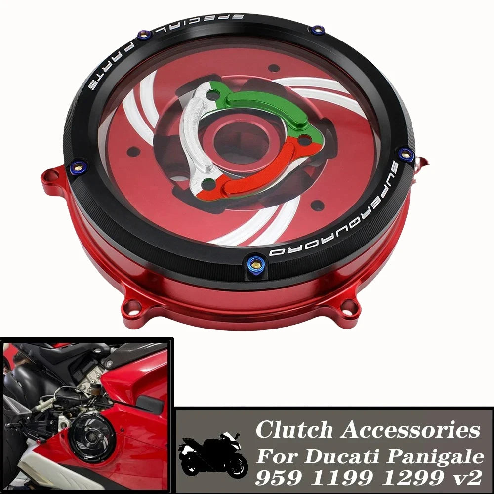 Tapa de Embrague Transparente Racing CNC para Ducati Panigale 959 / 1199 / 1299 / V2 (2012-2024)