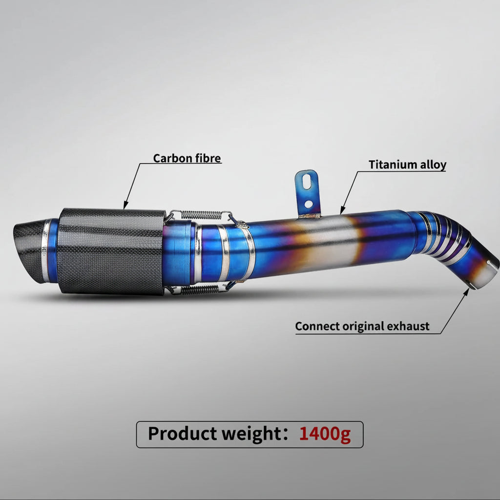 A motorcycle exhaust pipe with a blue and purple carbon-fiber pattern, shown with callout labels pointing to its materials: carbon fibre, titanium alloy, and instructions to connect the original exhaust. The brand logo 'nlkfan' is visible on the product and in the top left corner.