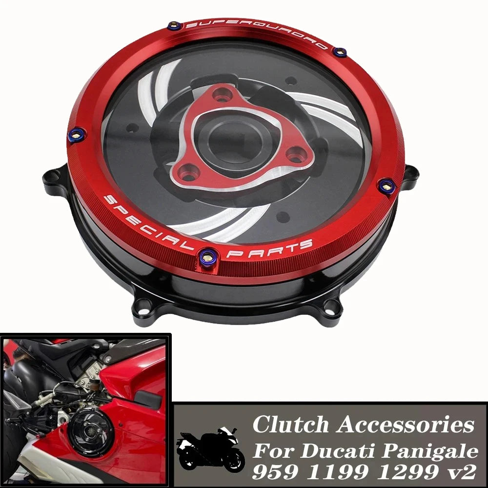 Tapa de Embrague Transparente Racing CNC para Ducati Panigale 959 / 1199 / 1299 / V2 (2012-2024)