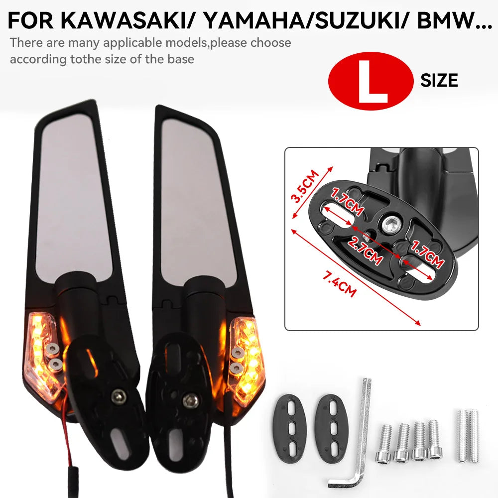 Modified Motorcycle Rearview Side Mirrors Wind Wing Adjustable Rotating with LED Light for Yamaha YZF R1 R6 R25 R3 Suzuki GSXR