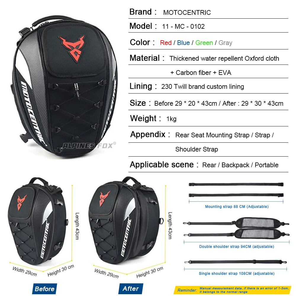 Bolsa Trasera MOTOCENTRIC 37L Impermeable – Alta Capacidad para Casco