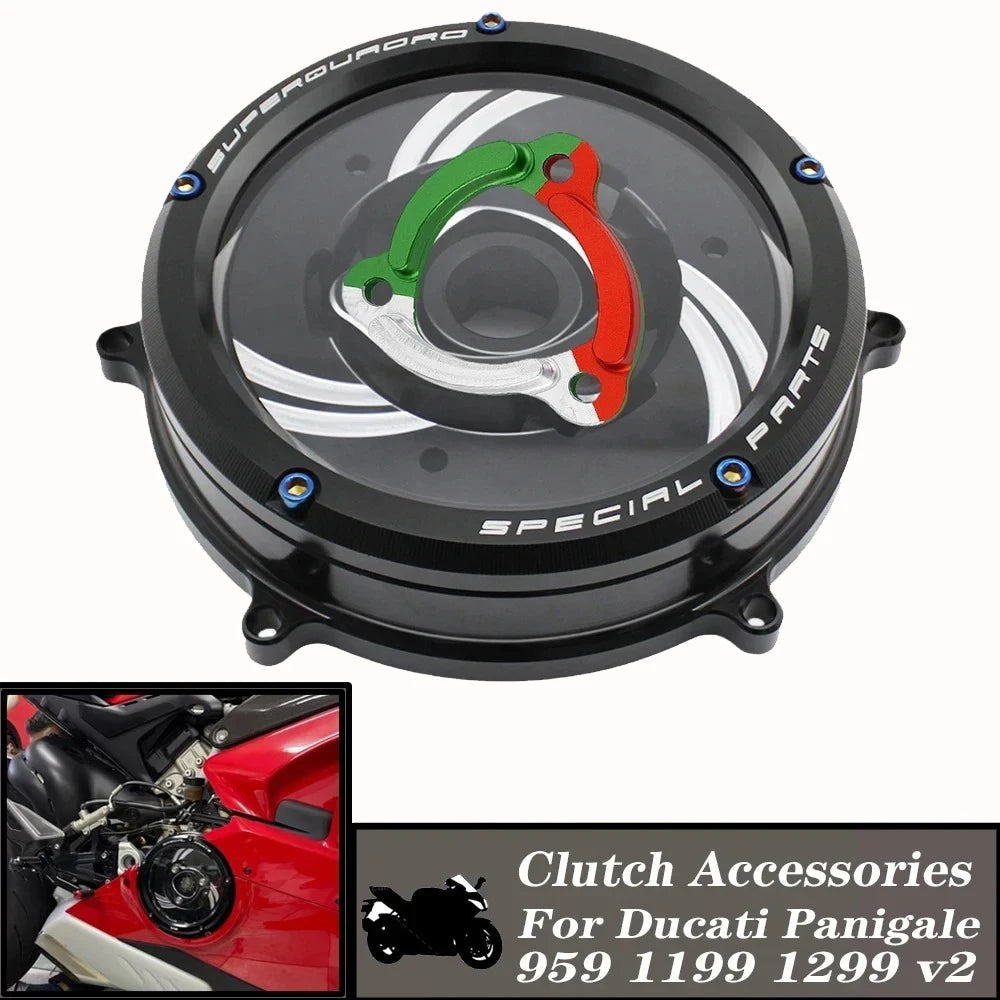 Tapa de Embrague Transparente Racing CNC para Ducati Panigale 959 / 1199 / 1299 / V2 (2012-2024)