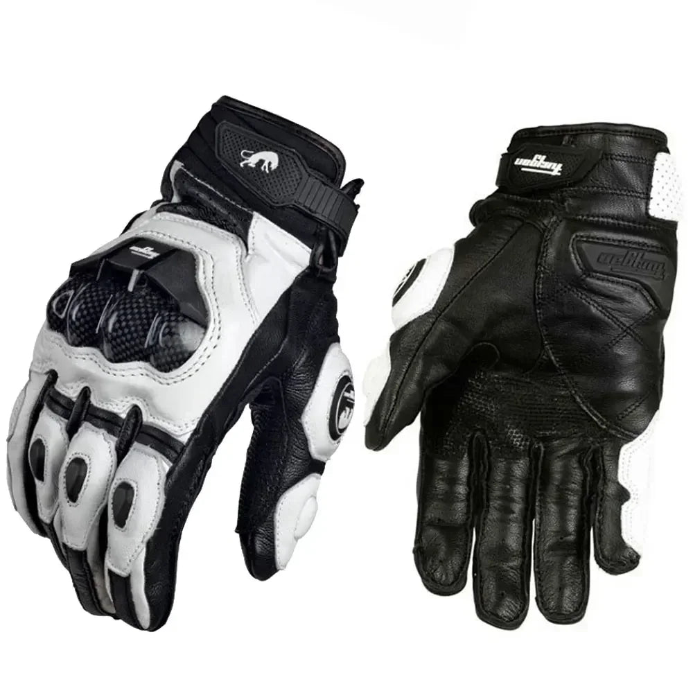 Guantes de Moto de Cuero Racing – Negro/Blanco/Rojo, Verano e Invierno