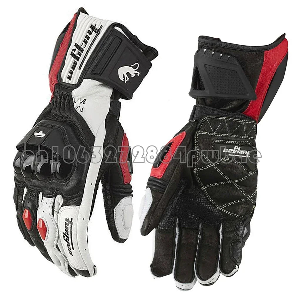 Guantes de Moto de Cuero Racing – Negro/Blanco/Rojo, Verano e Invierno