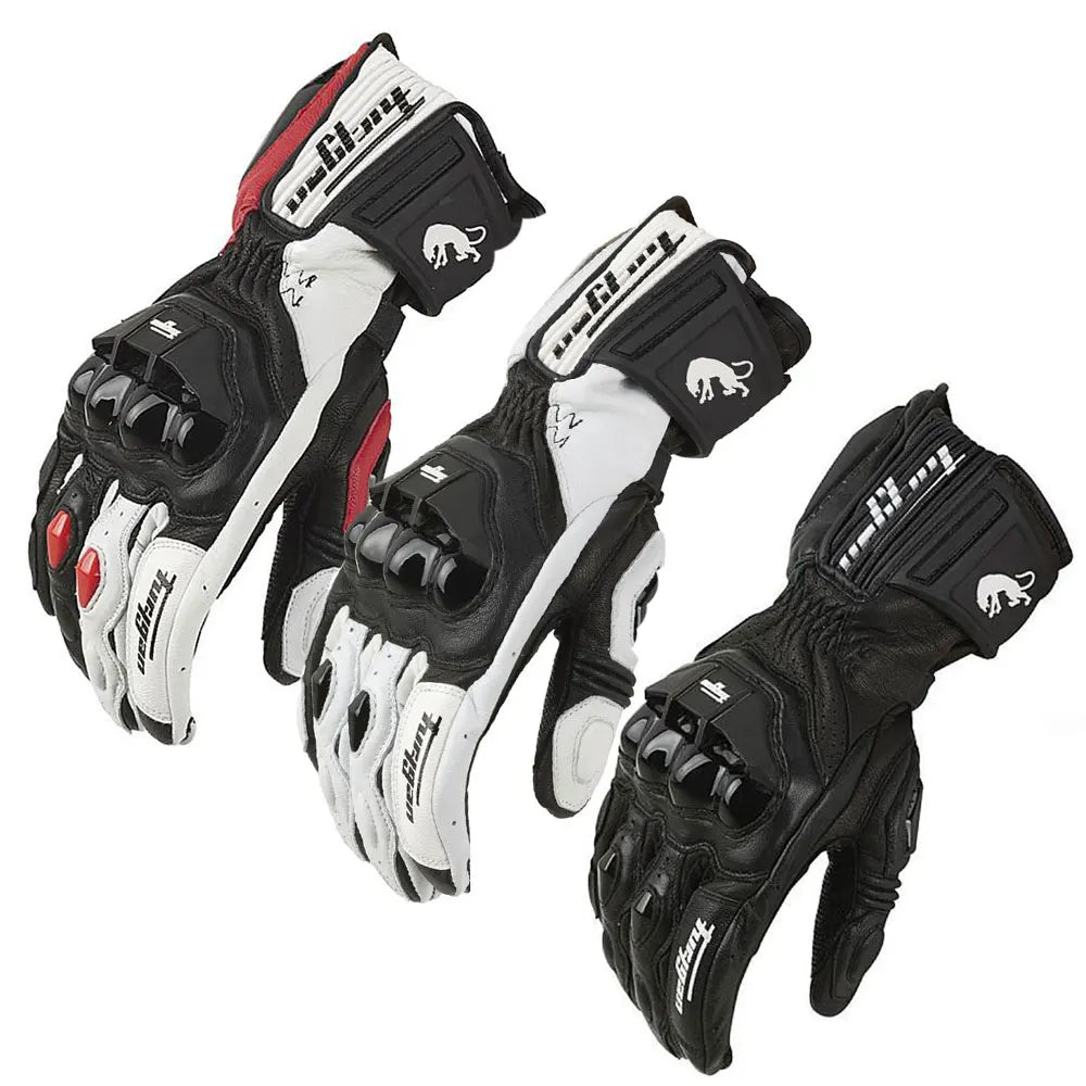 Guantes de Moto de Cuero Racing – Negro/Blanco/Rojo, Verano e Invierno