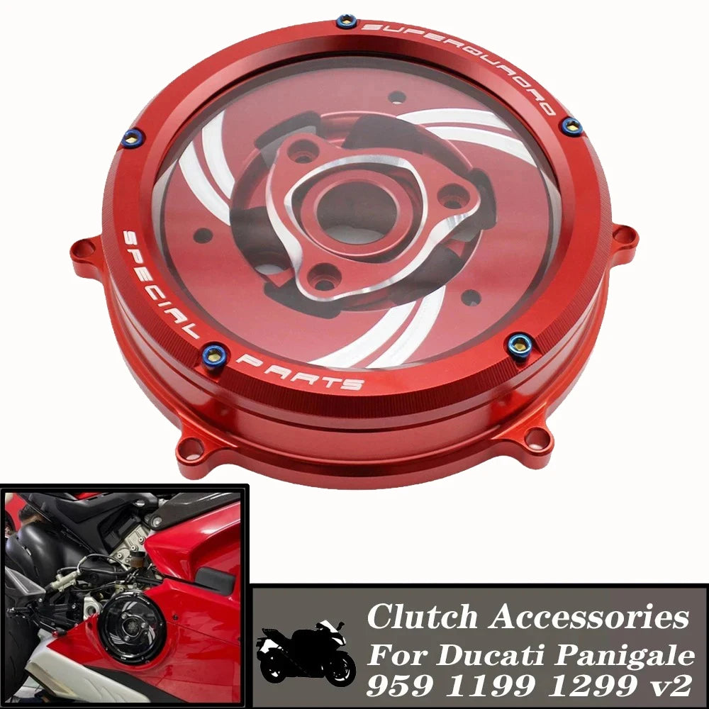Tapa de Embrague Transparente Racing CNC para Ducati Panigale 959 / 1199 / 1299 / V2 (2012-2024)