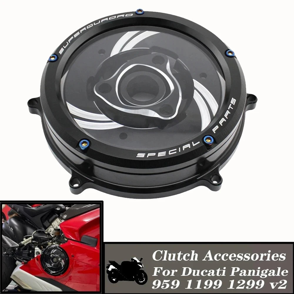 Tapa de Embrague Transparente Racing CNC para Ducati Panigale 959 / 1199 / 1299 / V2 (2012-2024)