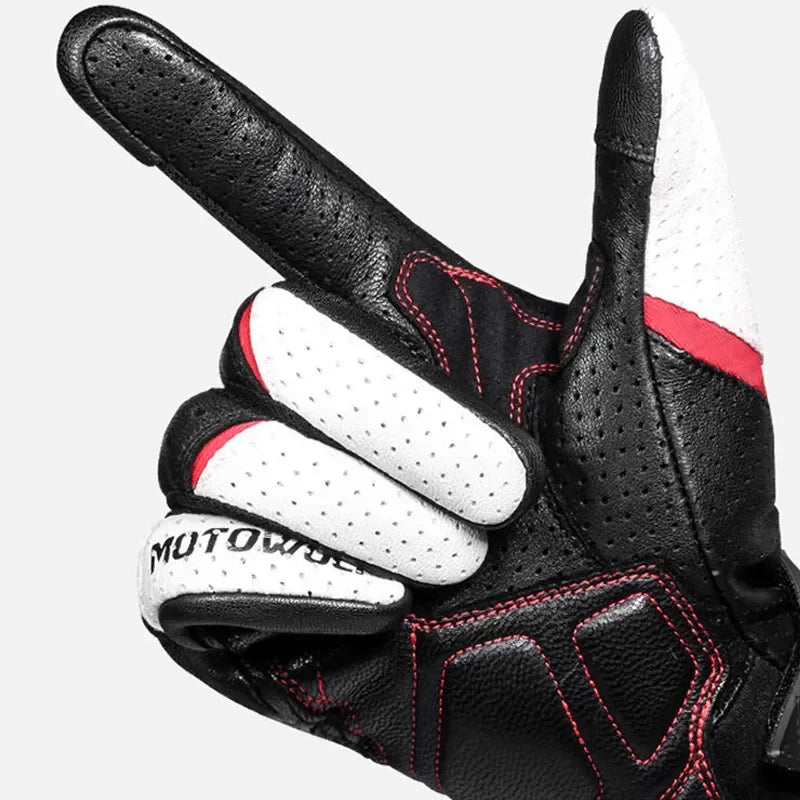 Guantes de Moto de Cuero Racing – Negro/Blanco/Rojo, Verano e Invierno