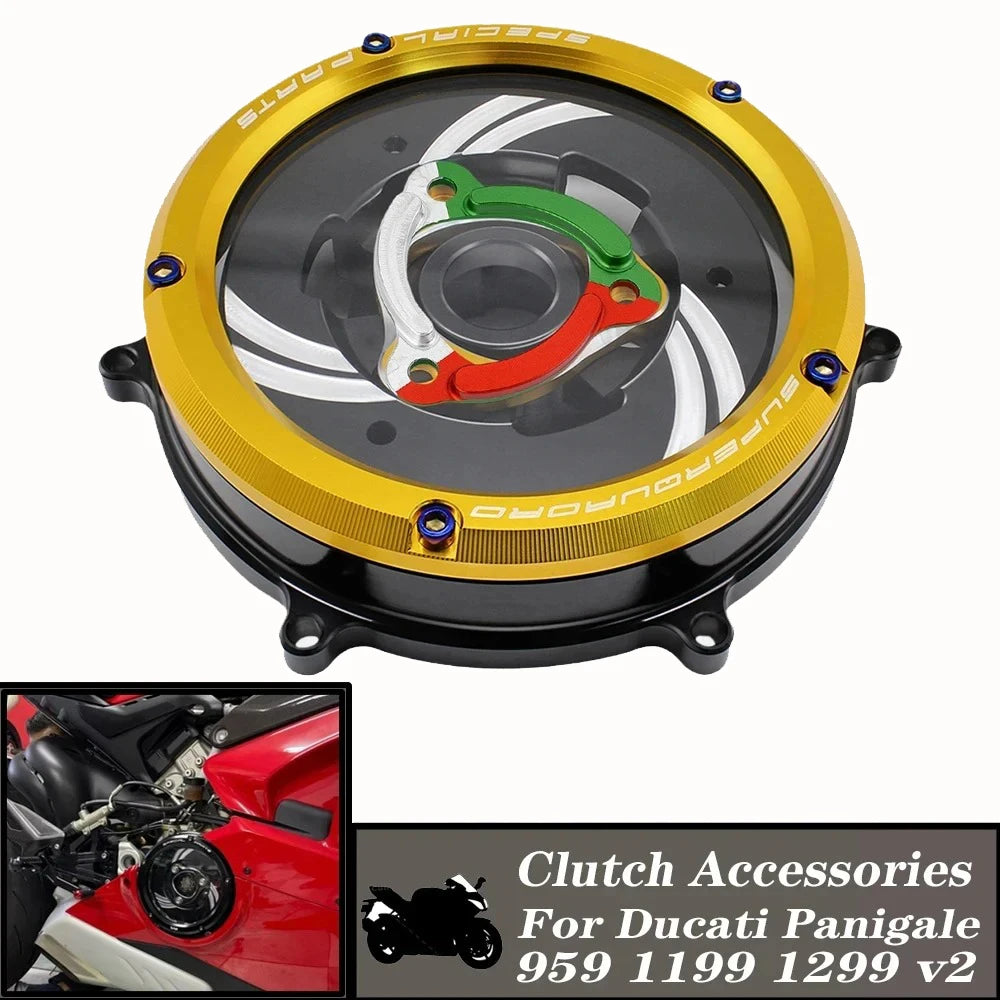 Tapa de Embrague Transparente Racing CNC para Ducati Panigale 959 / 1199 / 1299 / V2 (2012-2024)