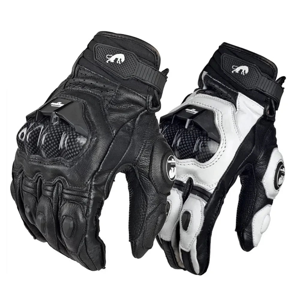 Guantes de Moto de Cuero Racing – Negro/Blanco/Rojo, Verano e Invierno