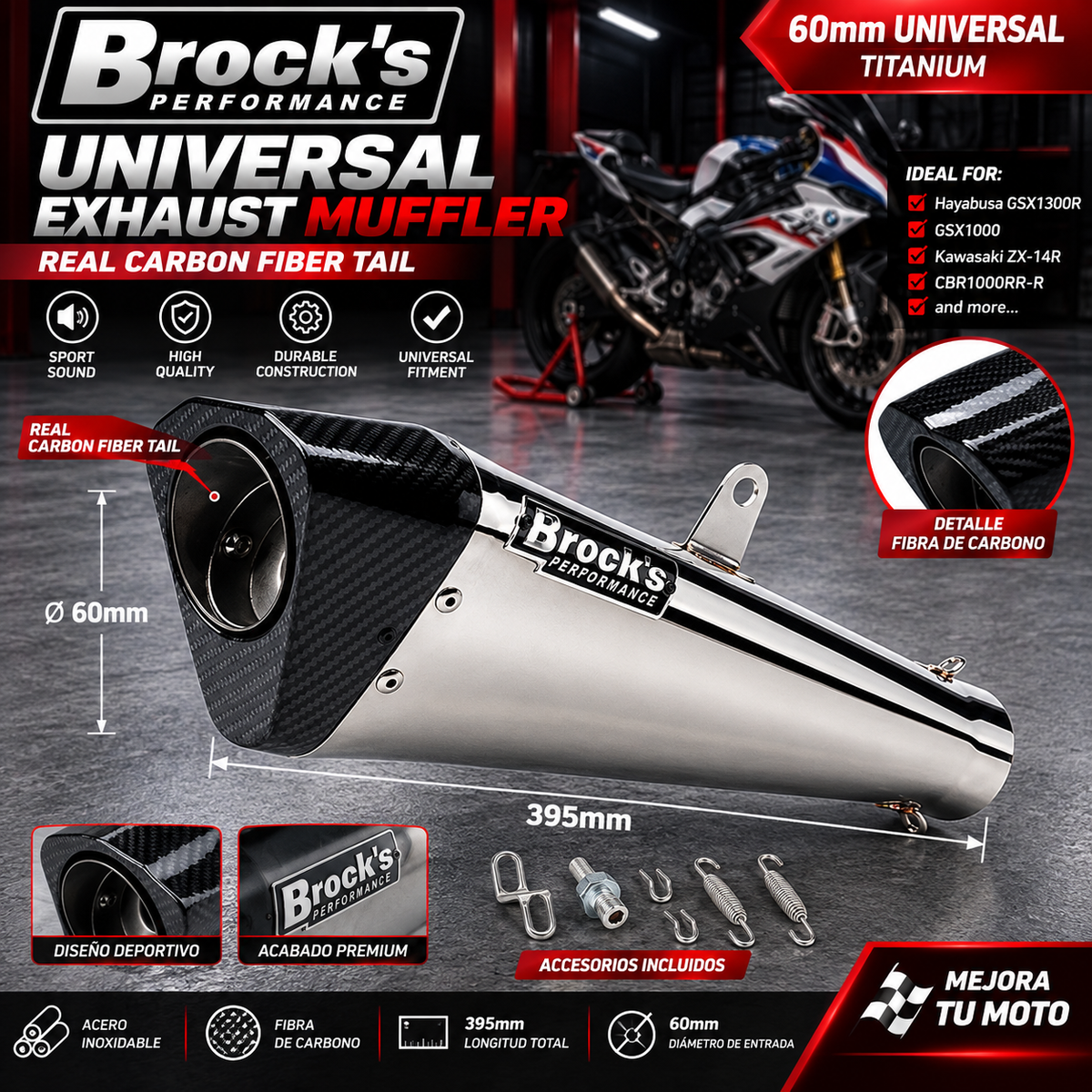Escape Universal Estilo Racing 51mm/60mm | Acero Inoxidable + Fibra de Carbono | Hayabusa GSX1300R / GSX1000 / ZX-14R / CBR1000RR-R